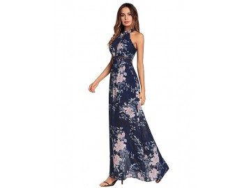 Vestido Longo Floral com Laço nas Costas - Azul Royal 