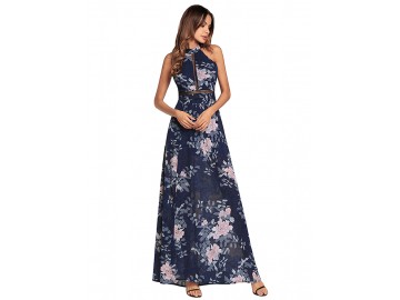 Vestido Longo Floral com Laço nas Costas - Azul Royal