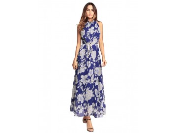 Vestido Longo Floral Sem Manga - Azul 