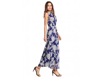 Vestido Longo Floral Sem Manga - Azul
