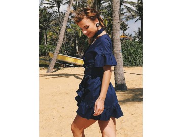 Vestido Curto Babado com Laço - Azul