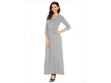 Vestido Longo com Bolso Manga 3/4 - Cinza
