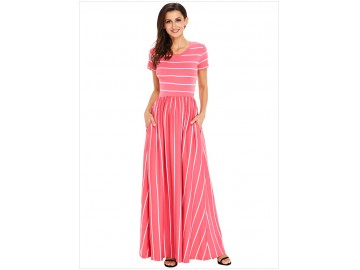 Vestido Longo Listrado com Bolso Manga Curta - Rosa 